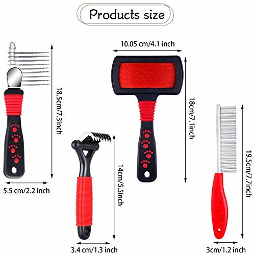 Pet grooming tools with size measurements.