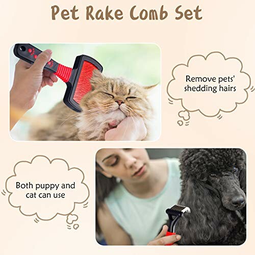Pet rake comb set showing usage on a cat and a dog.