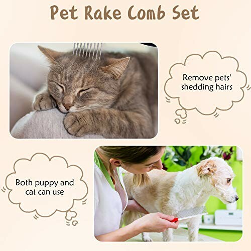 Pet rake comb set with cat and dog being groomed.